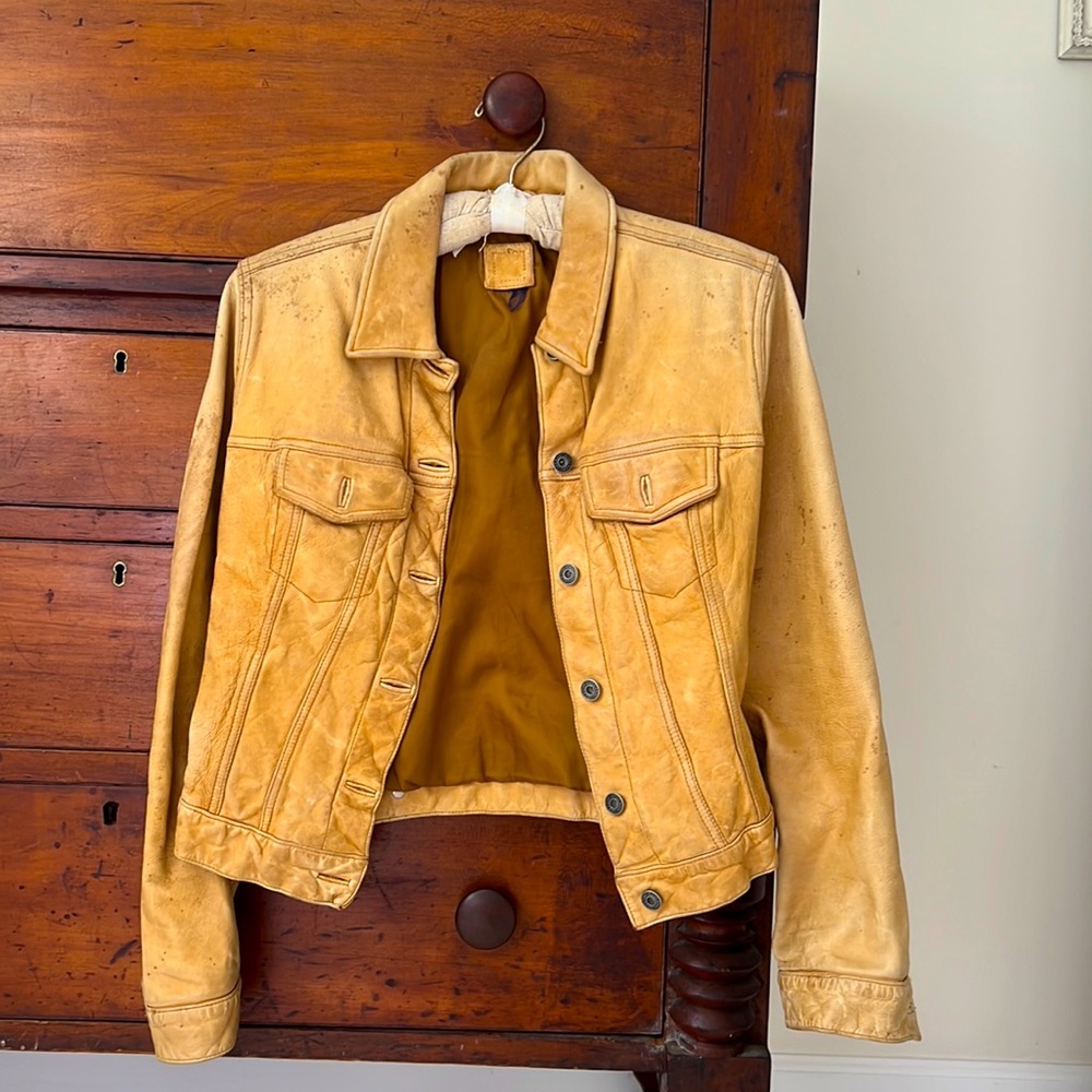 Light Golden Brown leather jacket; Denim style cut and fit;size small